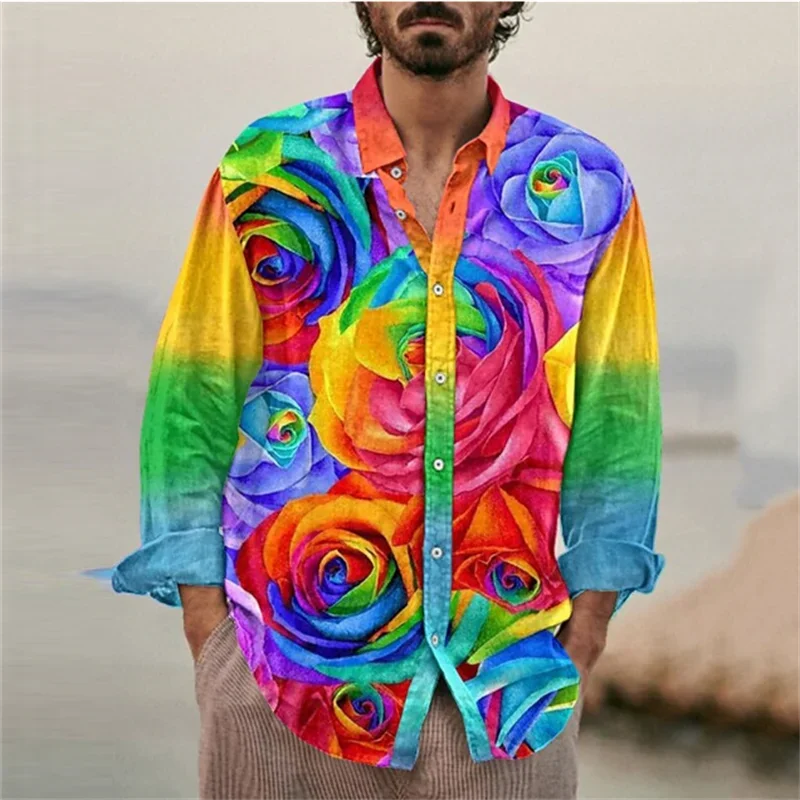 

Shirt Men's Casual Outdoor Colorful Love Graffiti Rainbow Rose Men's Shirt Button Long Sleeve Lapel Plus Size New Hot Sale