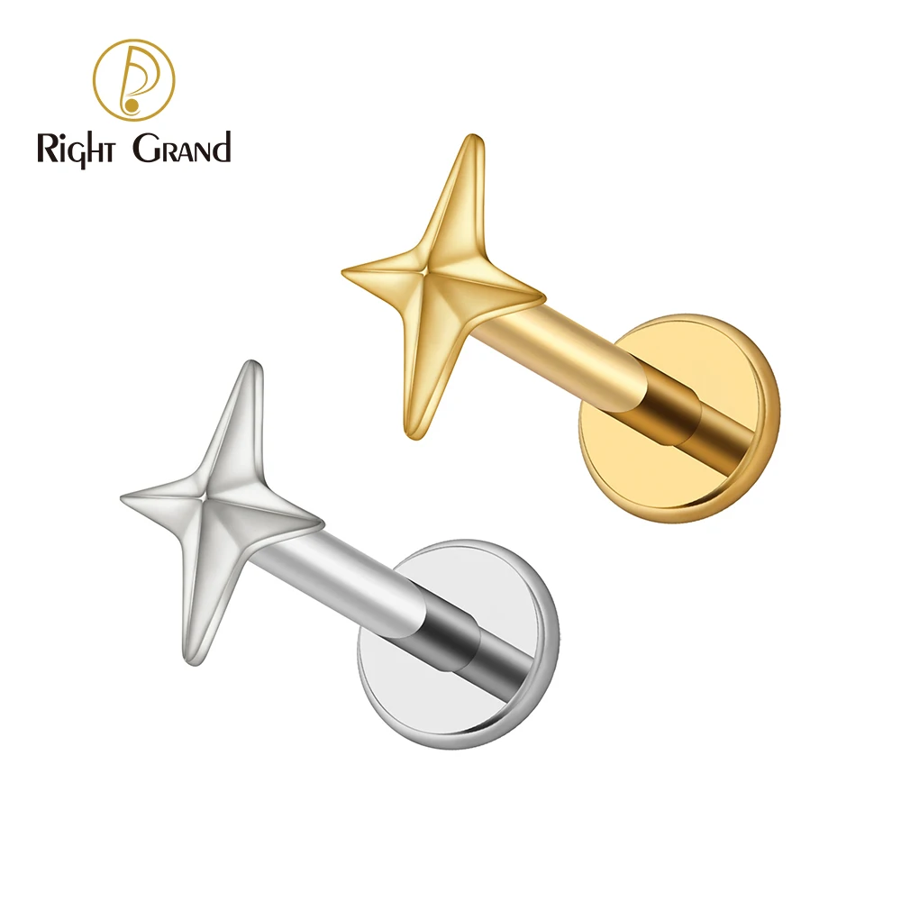 Right Grand ASTM F136 Titanio 16G Pendiente de cartílago de estrella de cuatro puntas Helix Tragus Stud Flatback Labret Star Nariz Stud Piercing Joyería del cuerpo