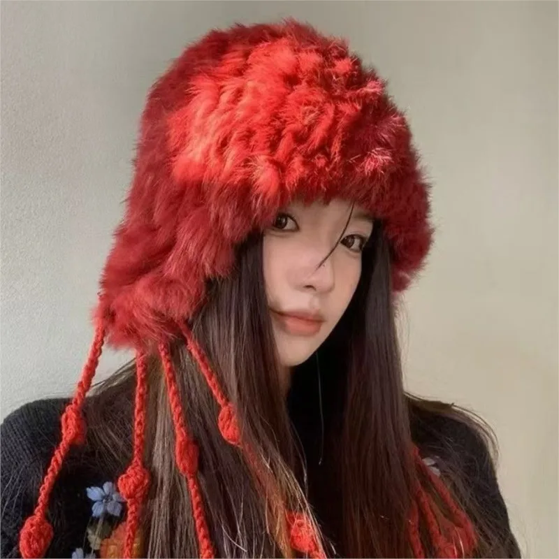 Ethnic-style lion dance hat atmosphere woolen knitted cold-proof ear-protecting tassel headscarf