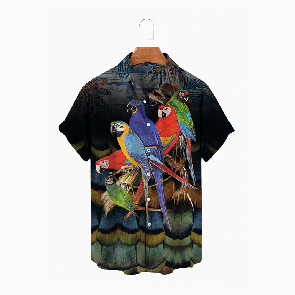 Hawaiian Men\'s Short Sleeved Shirt, Open Neck, Single Button, Parrot And Animal Print, Fashion, Beach Top, Summer 2024