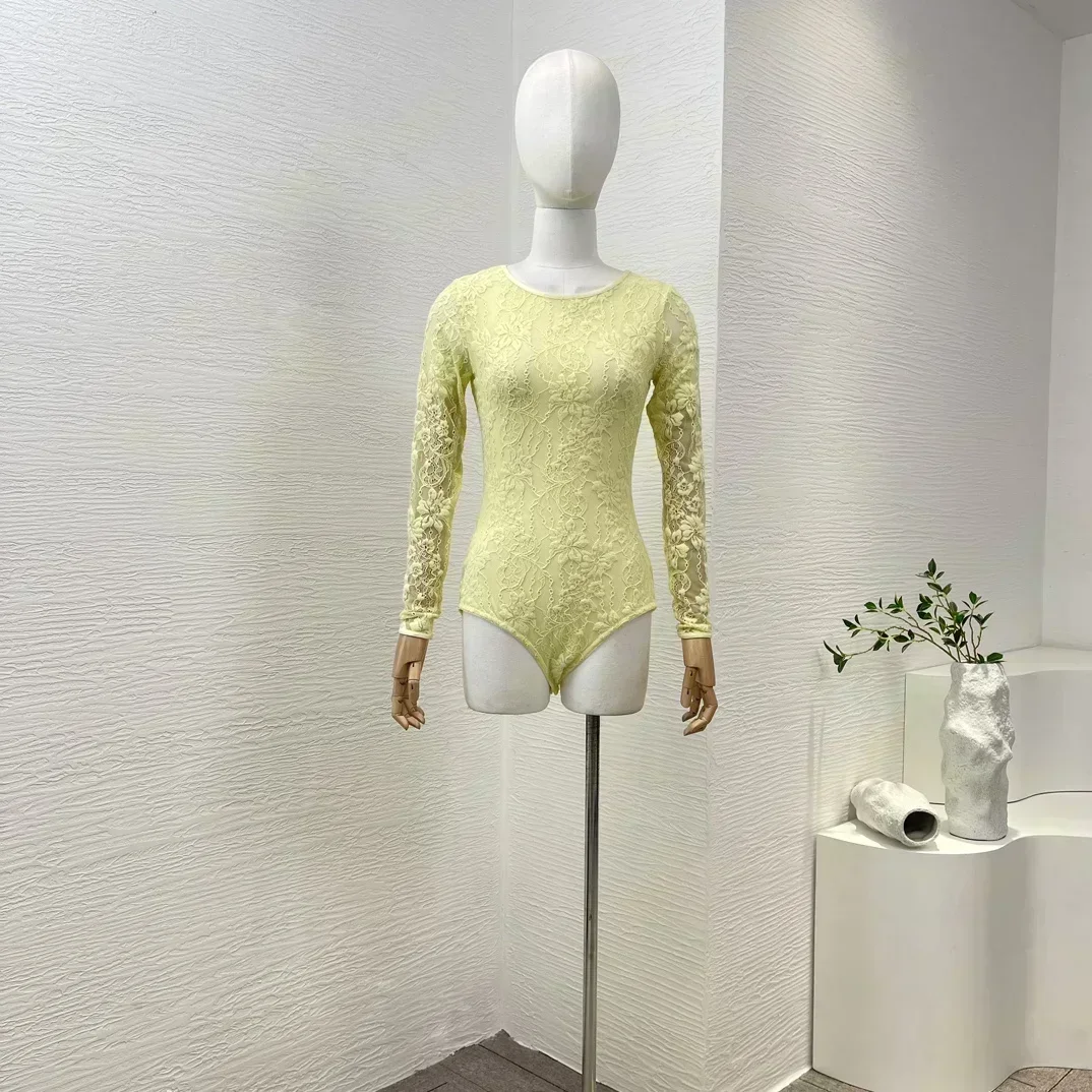 Beige 2023 Latest Collection Hollow Out Vintage High Quality O-neck Lace Black Bodysuit for Women Yellow Casual Set