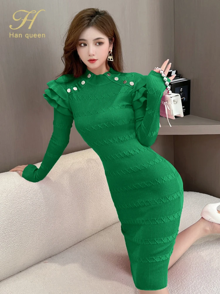 H Han Queen Autumn Winter Office Pencil Knitted Dress Women Bottoming Sheath Dresses Fashionable Metal Buckle Bodycon Vestidos