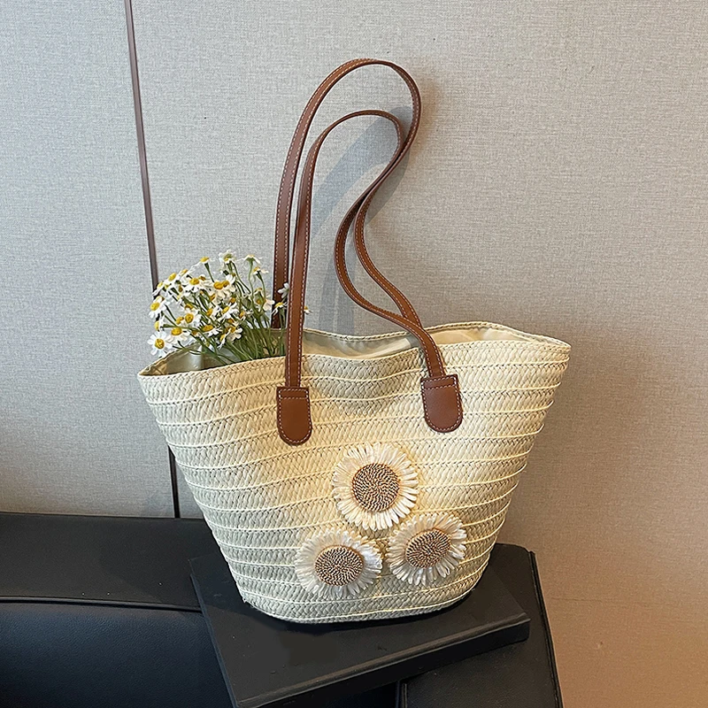 

Women's Large Capacity Shoulder Bag Summer Straw Woven Basket Handbag Fashion Female Luxury Designer Beach Bag Bali Shopper Tote