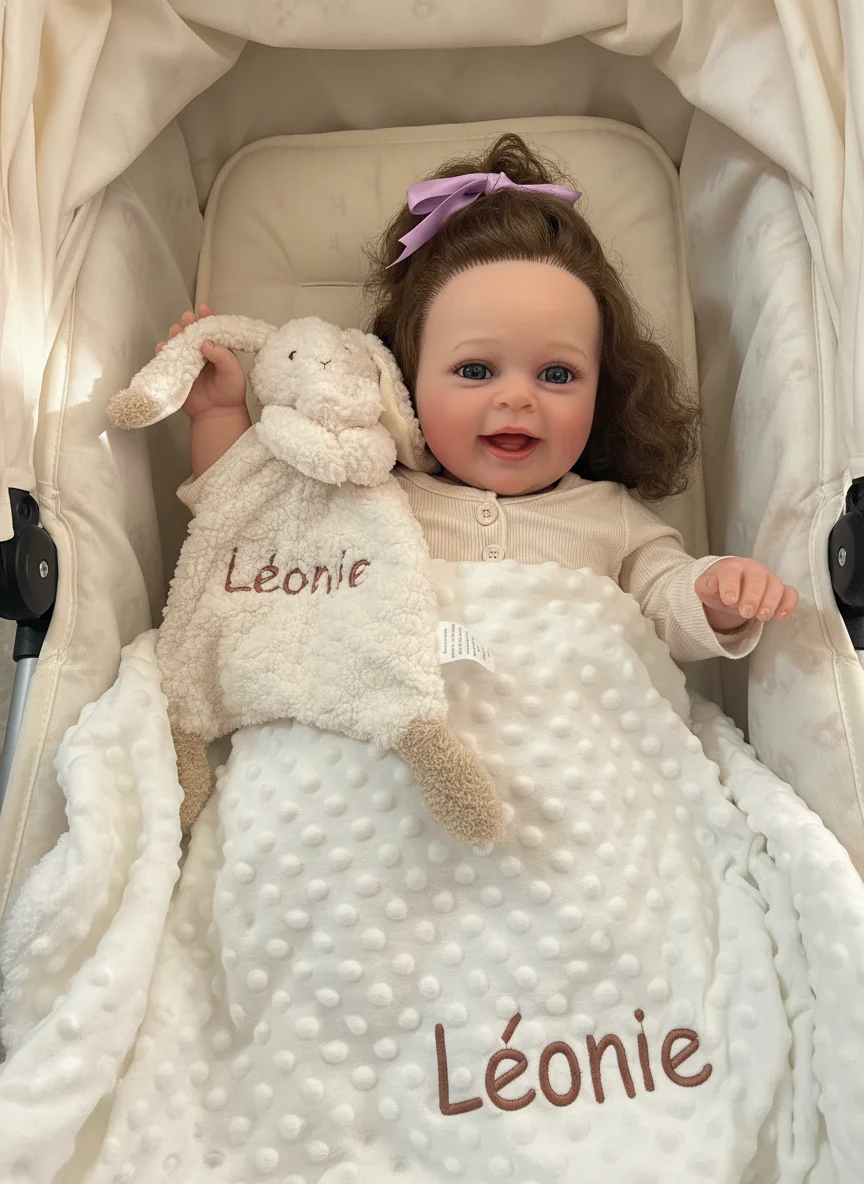 

Custom Name Baby Blanket Set with Embroidered Letters Stroller Dolls & Rabbit Comforter - Personalized Gift for Infants