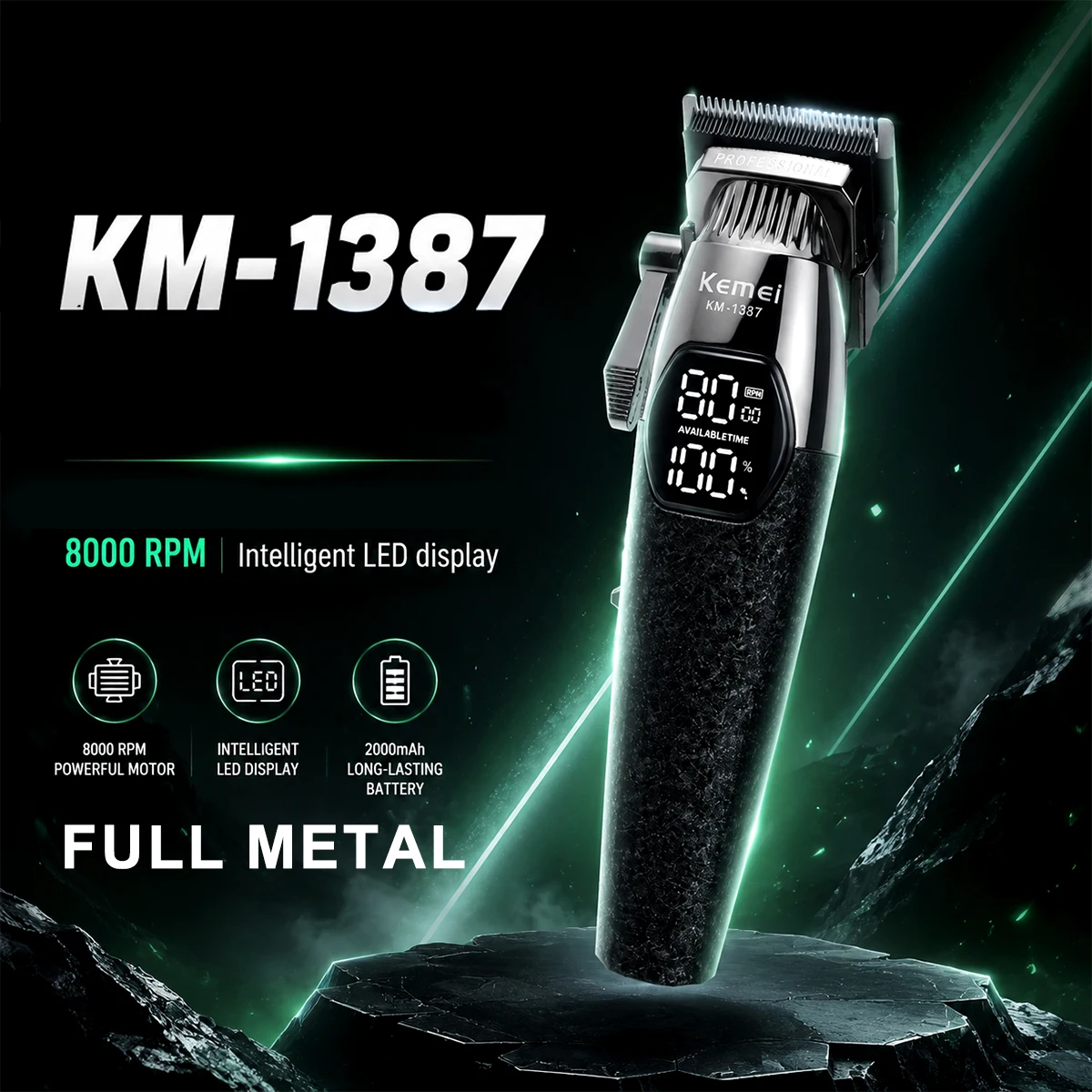 

Kemei KM-1387 Professional Hair Clipper 5W Motor Metal Body 2000mAh LED Screen Low Noise Men's Barber Machine Haircut Machine