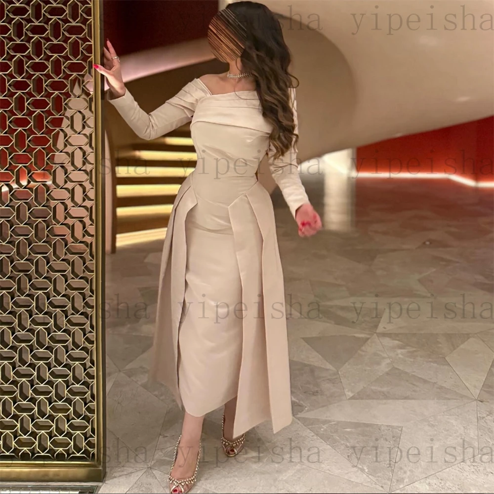 Vestidos de Noche personalizados con cuello en V, manga larga, sencillo, recto, largo hasta el té, sin espalda, vestido de fiesta largo plisado moderno