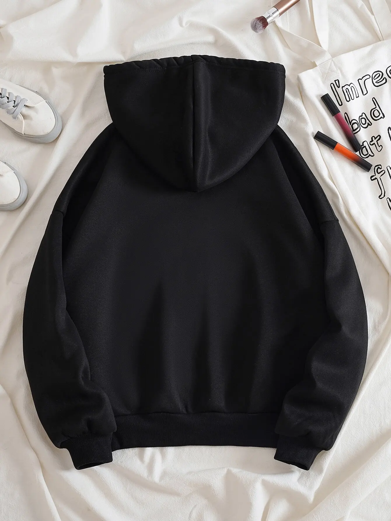 Sudadera con capucha y cremallera con estampado de corazón negro y cordón, sudadera informal de manga larga para otoño para mujer