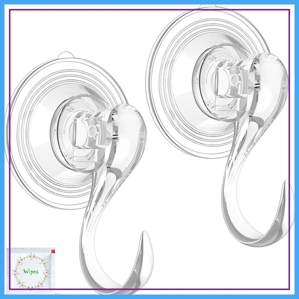 

Suction Cup Hooks, Heavy Duty Shower Hooks with Wipes, Removable & Reusable, Clear, 2 Pack