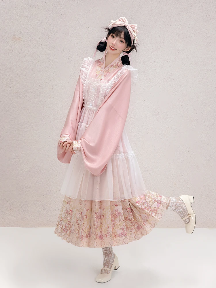 

Original Pink Short Han-Yang Style Tailed Skirt with Pipa Sleeve Design by SanShengDu for Women Traditional Chinese Cos...