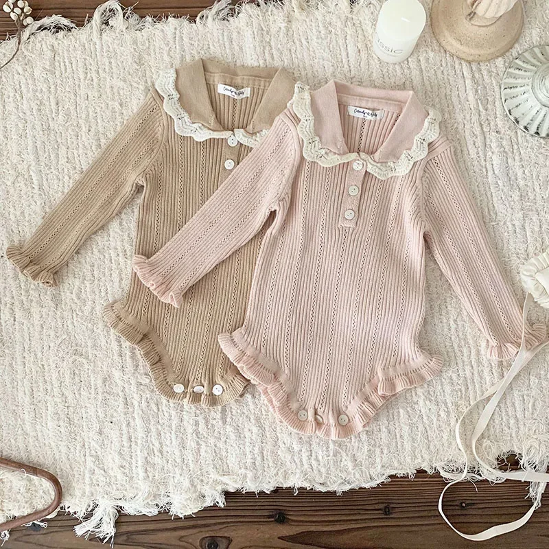 2024 New Autumn Korean Style Newborn Baby Girls Knitted Bodysuits Infant Baby Girls Knitted Jumpsuit Children Knitted Clothes