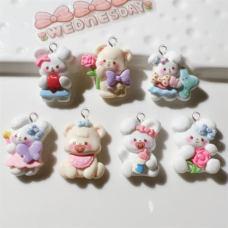 10Pcs Kawaii Flower Rabbit Bear Resin Charms Cute Keychain Floating Pendant Earrings Jewelry Making Findings DIY Crafts Decorate