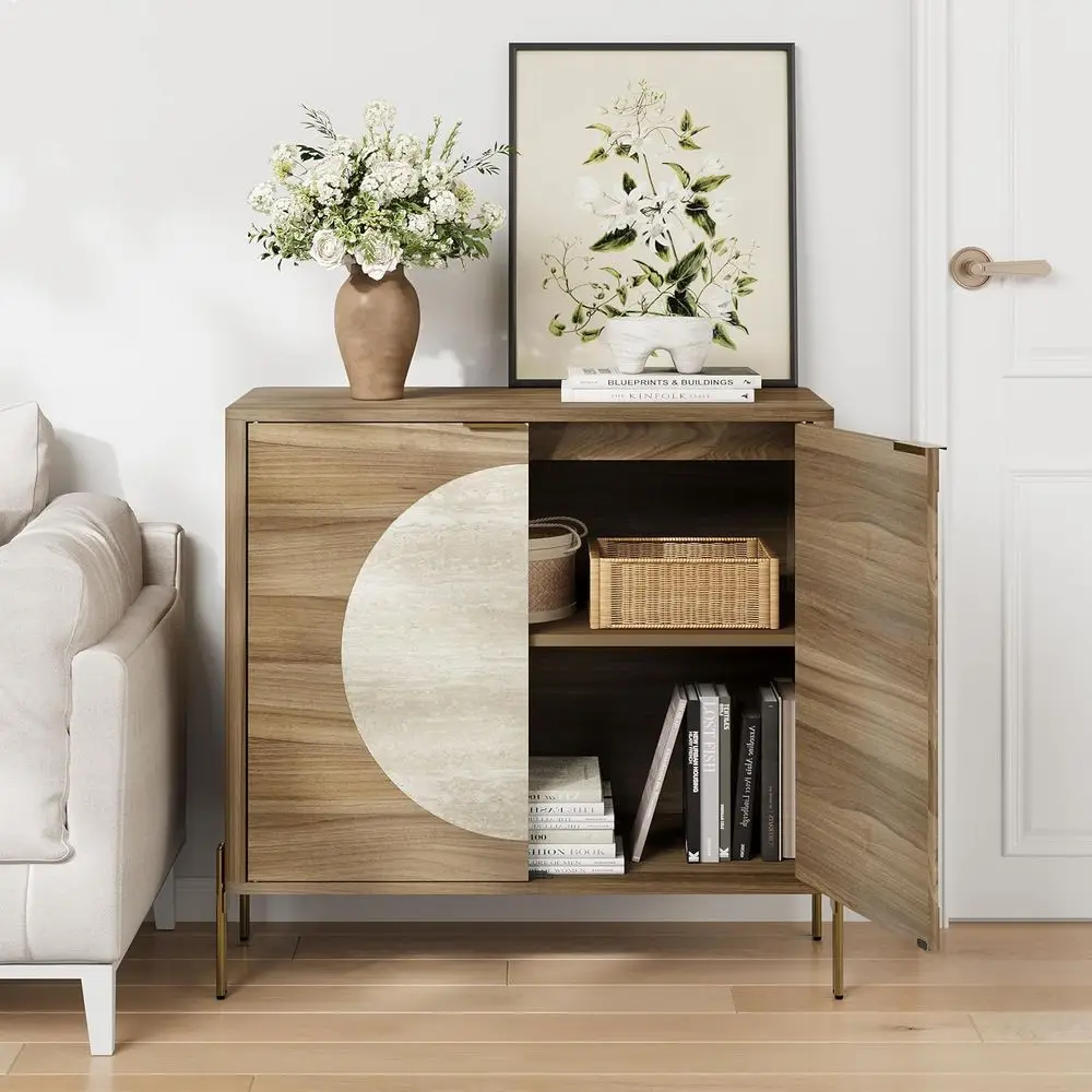 

Travertine Inlaid Accent Cabinet with Gold Legs for Dining, Living, or Entryway Storage