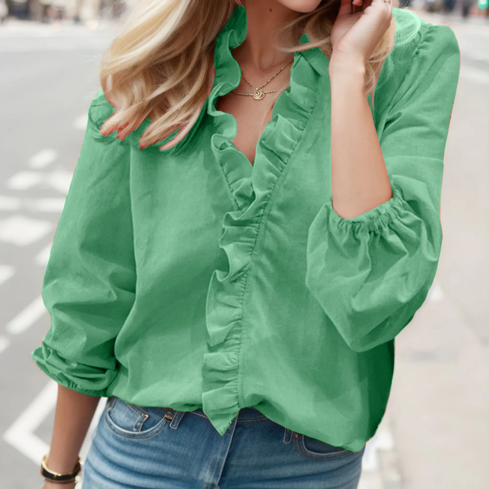 Women's Shirt Elegant Ruffle Slim Shirt Fashion Letter Printed Solid Colour Blouse Shirt V Neck Versatile Commuter Blouse