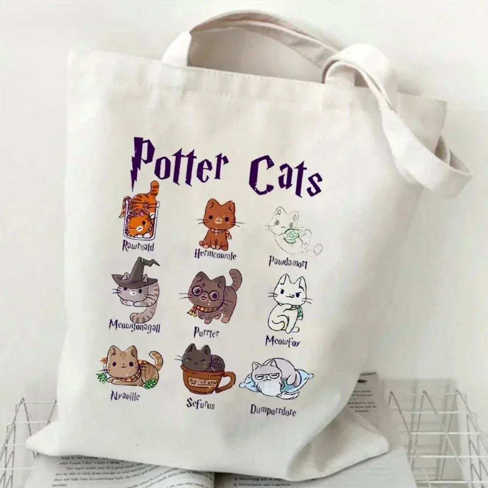 

Canvas Tote Bag for Women Potter Cats Handbag Harajuku Animal Shopper Bags Cartoon Cat Aesthetic Tote Bag Female Shoulder Bag