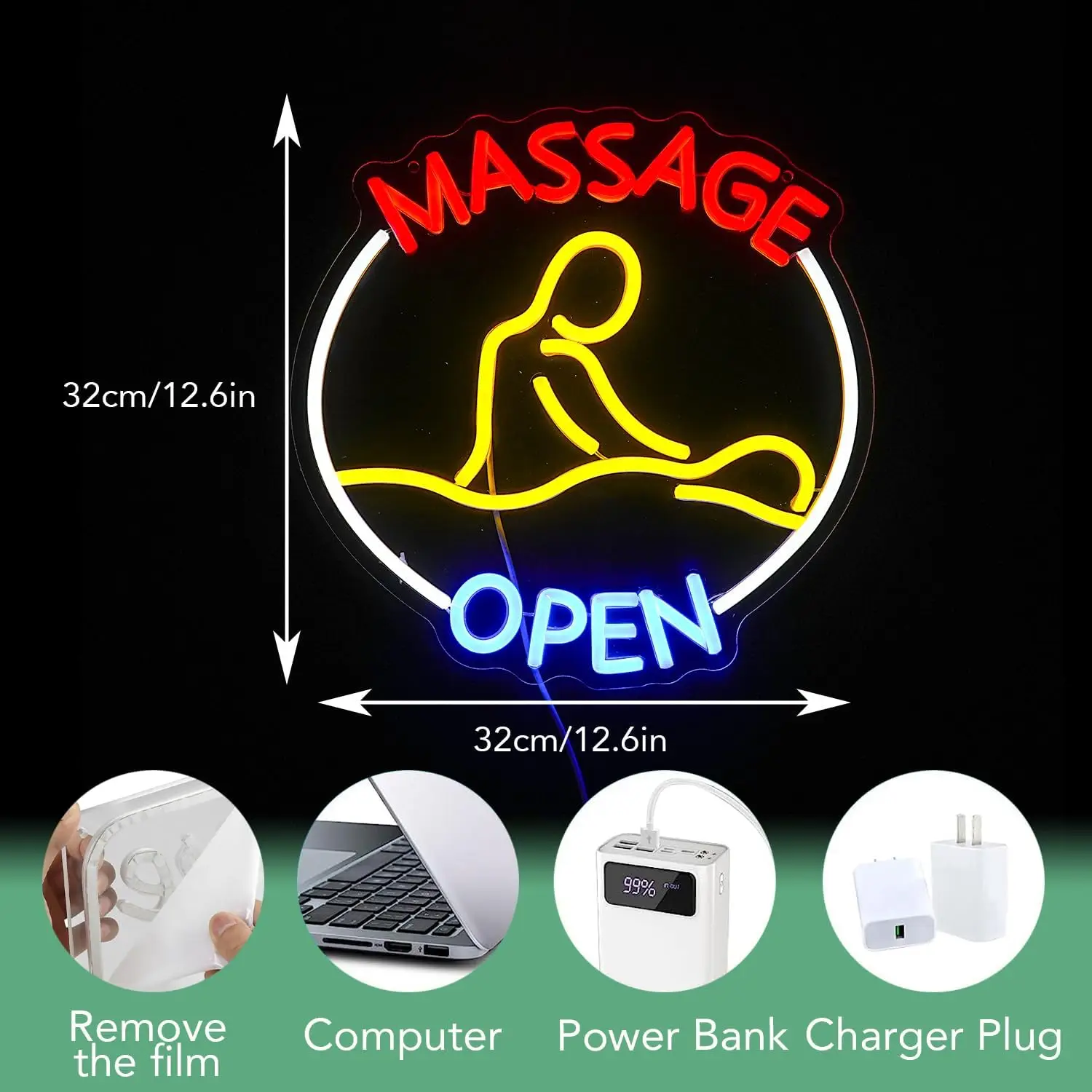 تدليك مفتوح النيون USB عكس الضوء LED تدليك الاسترخاء نمط LED تضيء تسجيل ديكور لصالون تجميل مفتوح العلاج الطبيعي