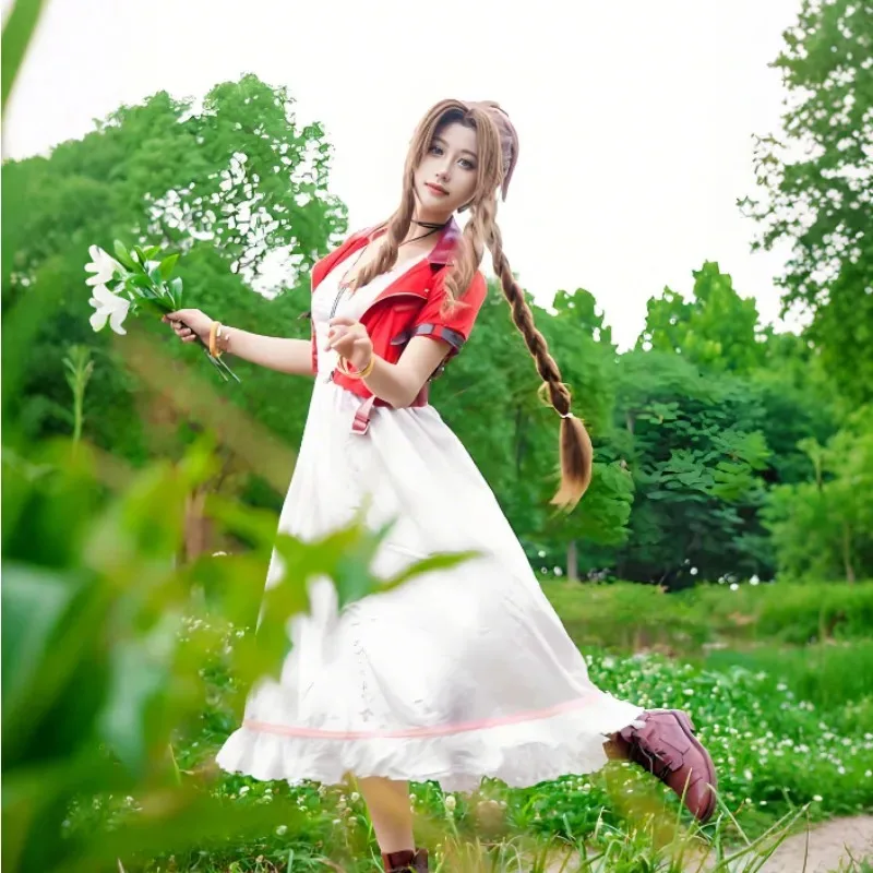 Game Final Fantasy VII Aerith Cosplay Costume Long Dress Coat Decorative Accessories Full Set Activity Party Carnival Dress Up