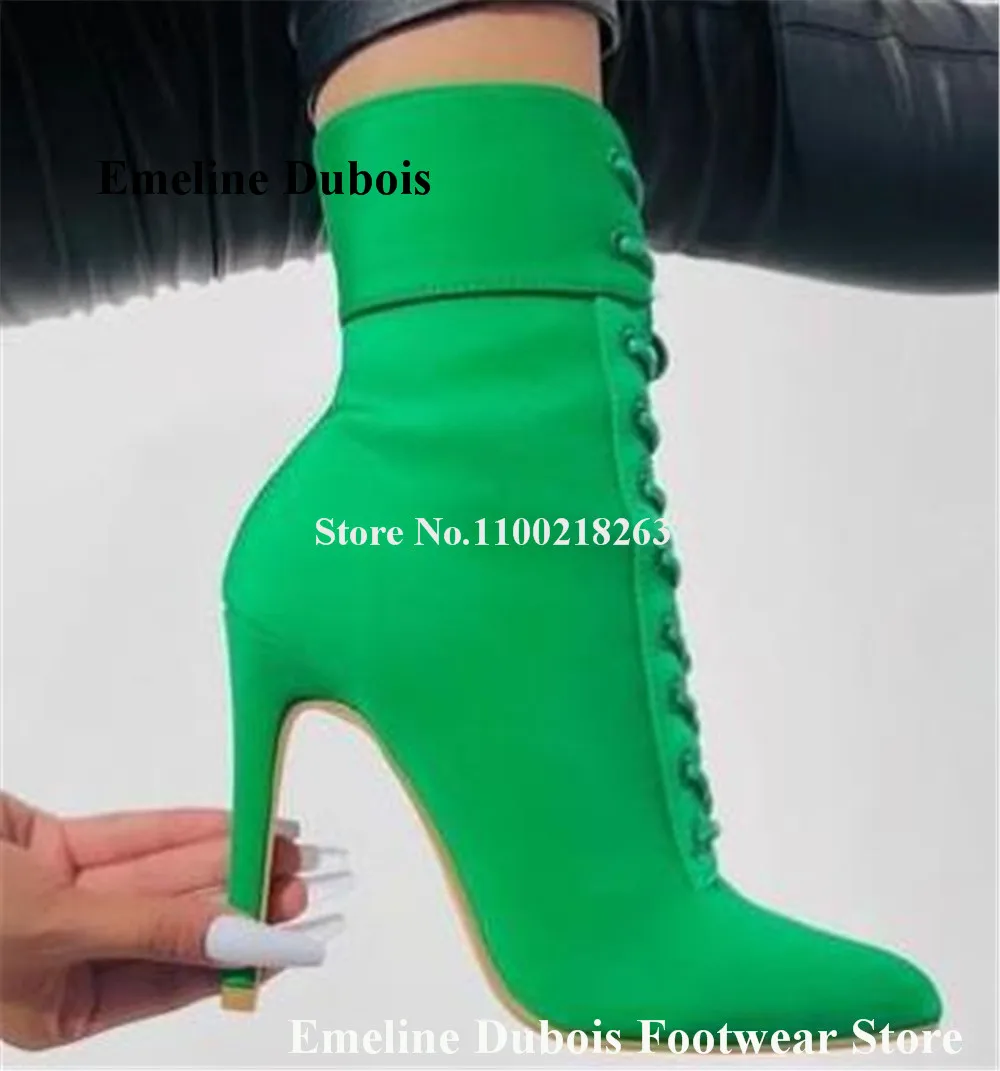 Newest Green Short Boots Emeline Dubois Pointed Toe Red Blue Black Suede Lace-up Stiletto Heel Ankle Booties Party Pumps Big Siz