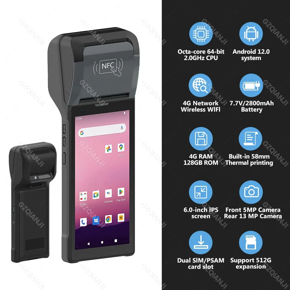 4G Android 12/8.1 POS PDA with 58mm Thermal Bill Receipt Printer All in one Handheld Terminal POS Machine for Loyverse