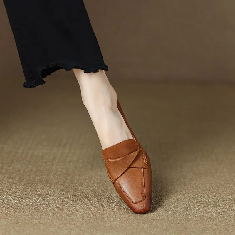 Female Shoe French Thick Heels High Heels Shoe Women British Pointed Loafers Shoe One Foot Leather Shoe RetroSingle Shoe Tacones