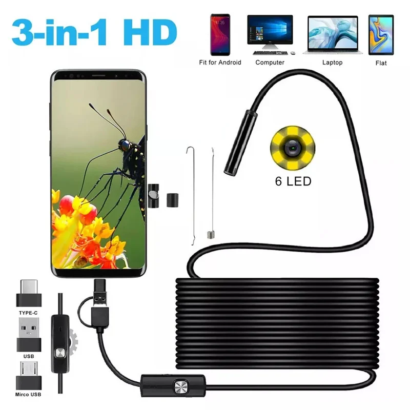 5.5MM Android Endoscope Camera 3 IN1 Micro USB Type C Borescope Mini Camera Waterproof LED Car Inspection For HUAWEI XIAOMI PC