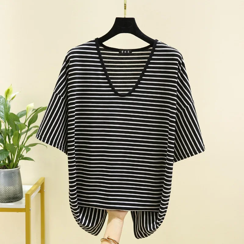 مشروط تي شيرت مخطط المرأة الصيف فضفاض الخامس الرقبة قصيرة الأكمام كبيرة الحجم الأساسية قميص عادية مريحة تنوعا تي شيرت