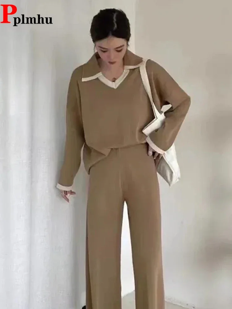 

Korean Malhas V-neck Sweater Two Piece Set Casual Baggy Wide Leg Pants Ensembles New Chic Pullover Sueters Cardigan Conjuntos