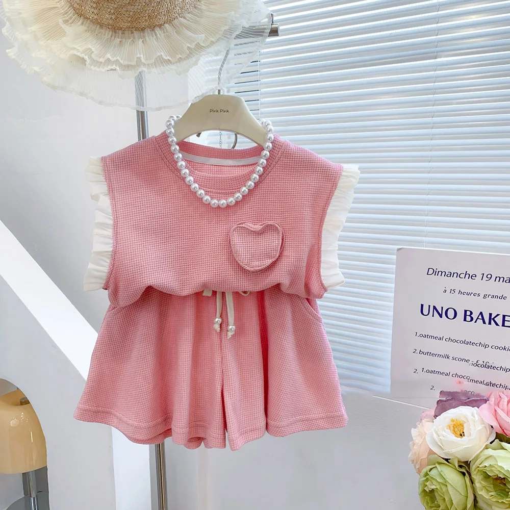 

Summer Children Clothes Sets Cute Love Heart Vest Girls Ruffles Sleeveless T-shirts+Loose Shorts 2Pcs Kids Pink Outfit Suit