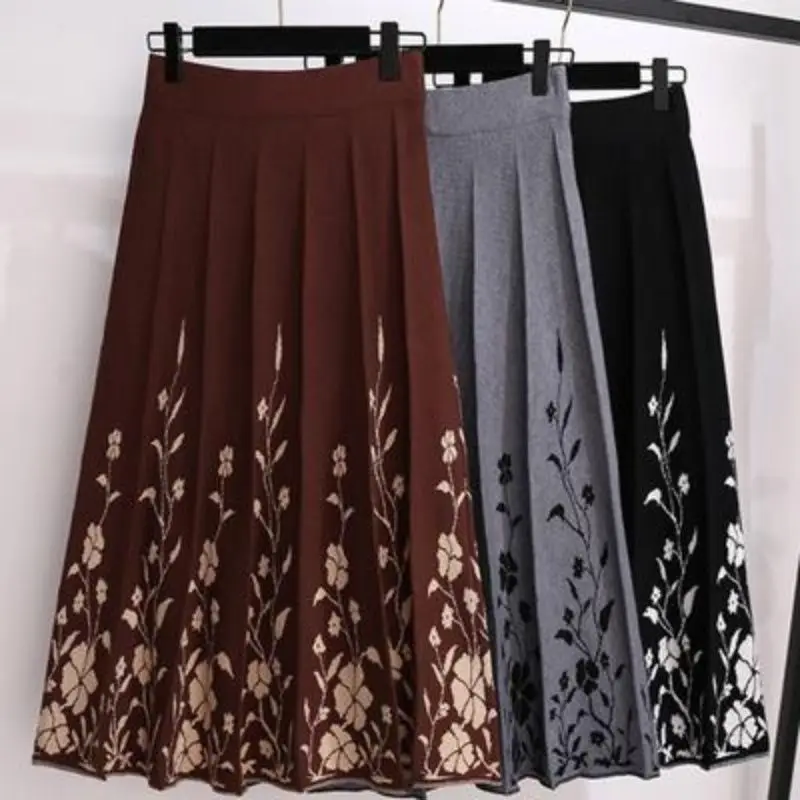 

Women Knitted Skirt Autumn Winter High Waist Vintage Pleated Long Skirt Ladies Korean Fashion Elegant Thick Warm Femme U03