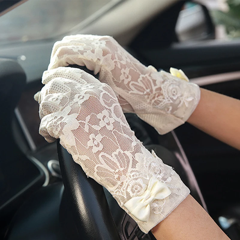 

1Pair Women Flower Lace Gloves Bowknot Full Finger Non-slip Touch Screen Gloves Summer Suncreen Breathable Gloves Driving Mitten