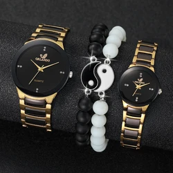 4PCS/Set Couple's Watches Fashion Rhinestone Women Quartz Watch Stainless Steel Band Men Wristwatches Bracelets Set