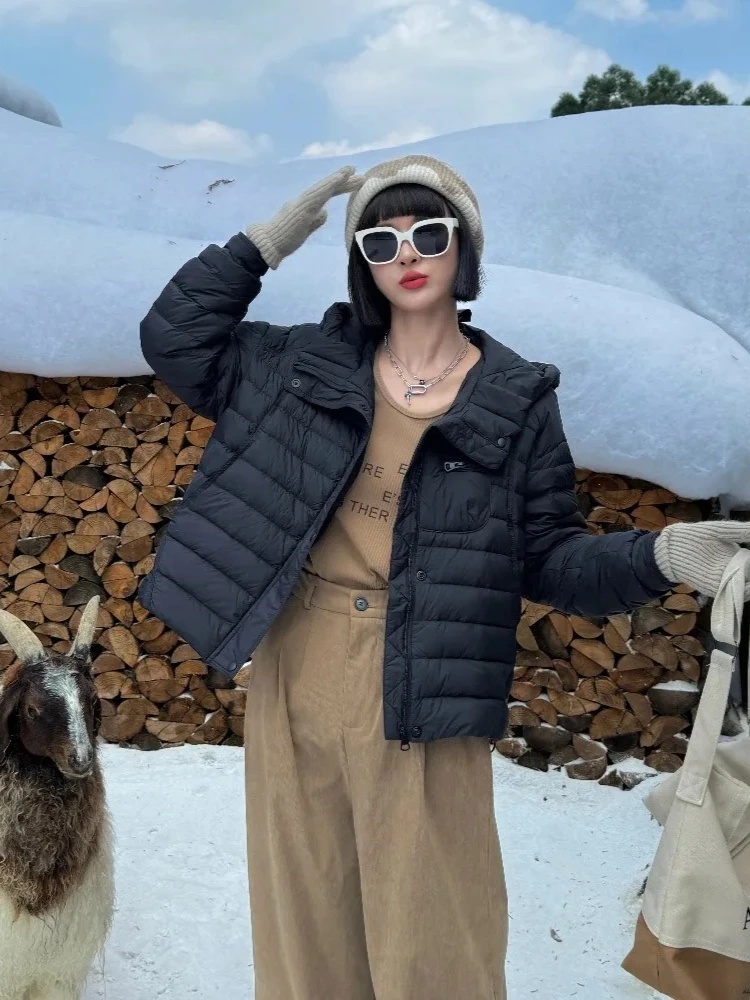Novo outono inverno para baixo roupas femininas leve pato para baixo casaco feminino curto com capuz macio grosso quente fofo puffer jaqueta
