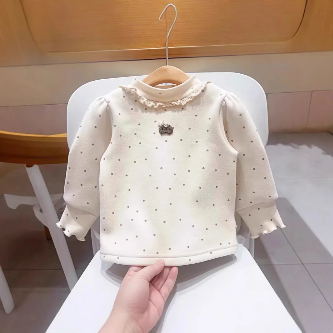 Girls' Warm Semi High Neck Top with Plush Bottom Layer for Girl Baby
