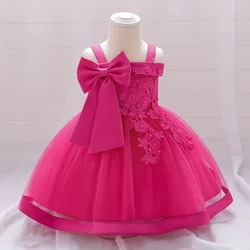 Toddler Baby Girls' Applique Beading Bow Dress, Infantil 1st Birthday Party Dresses, Vestido de casamento, Roupas de bebê, Verão