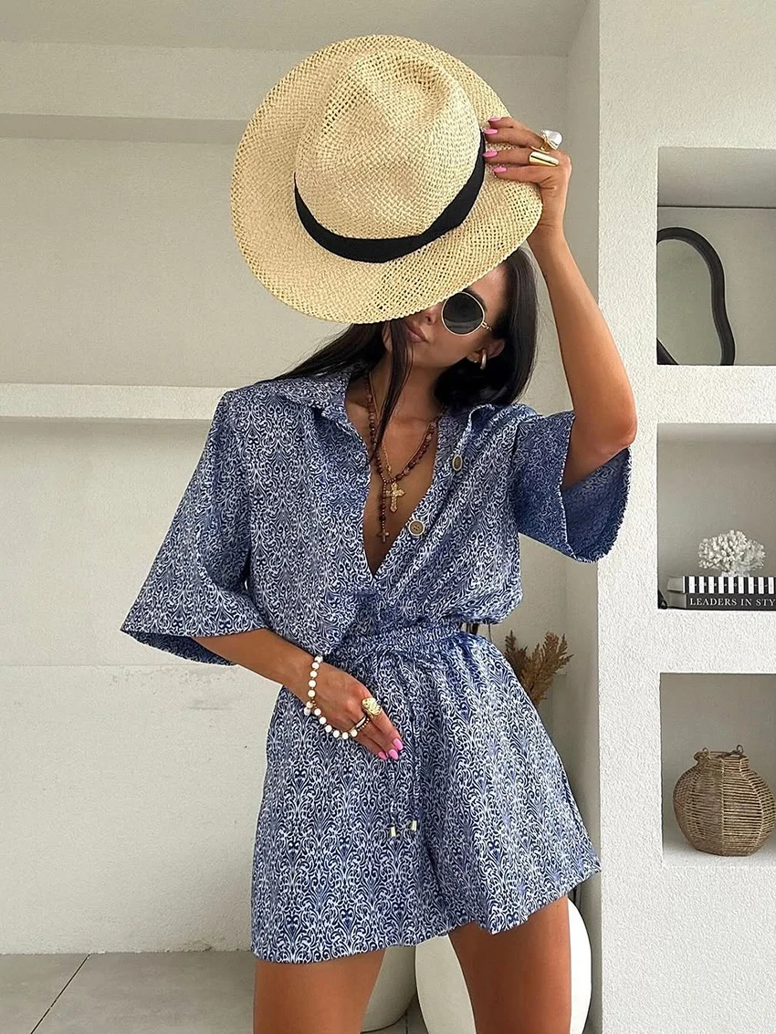 Marthaqiqi Loose Female Pajamas Suit Half Sleeve Sleepwear Turn-Down Collar Nightwear Shorts Printing Casual Women Nightgown Set