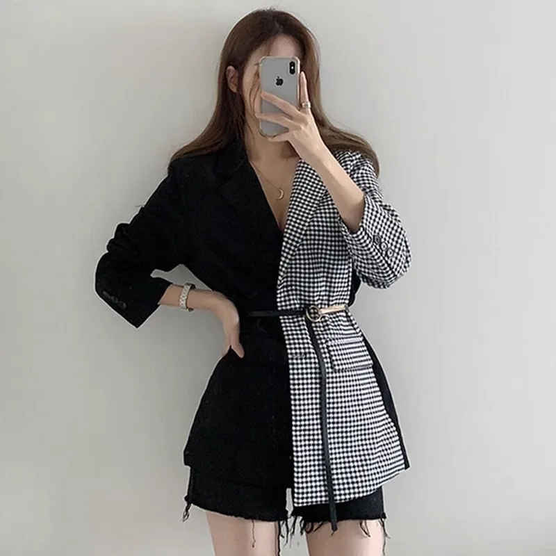 Coreano vintage pied de poule plaid splicing giacca cintura primavera donna casual monopetto bavero manica lunga blazer cappotto