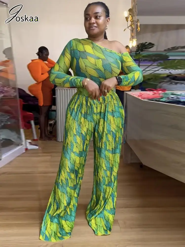 

Joskaa 2025 Women's Print 2 Piece Set Sexy Skew Collar Long Sleeve Tops and Pleated Wide Leg Pants Matching Vacation Outfits