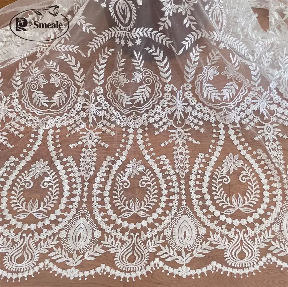 Sequined Embroidered Lace Fabric, Big Flowers, Wedding Dress, DIY Accessories, Off White Skin, RS4043