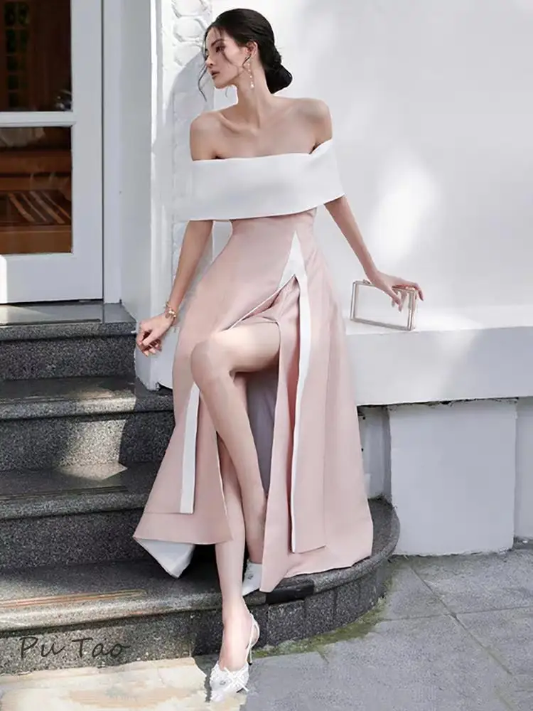 PuTao Elegant Prom Dress Simple Slash Neck Backless Pink Evening Part Dress Split Women\'s Evening Party Dress 2024 Spring