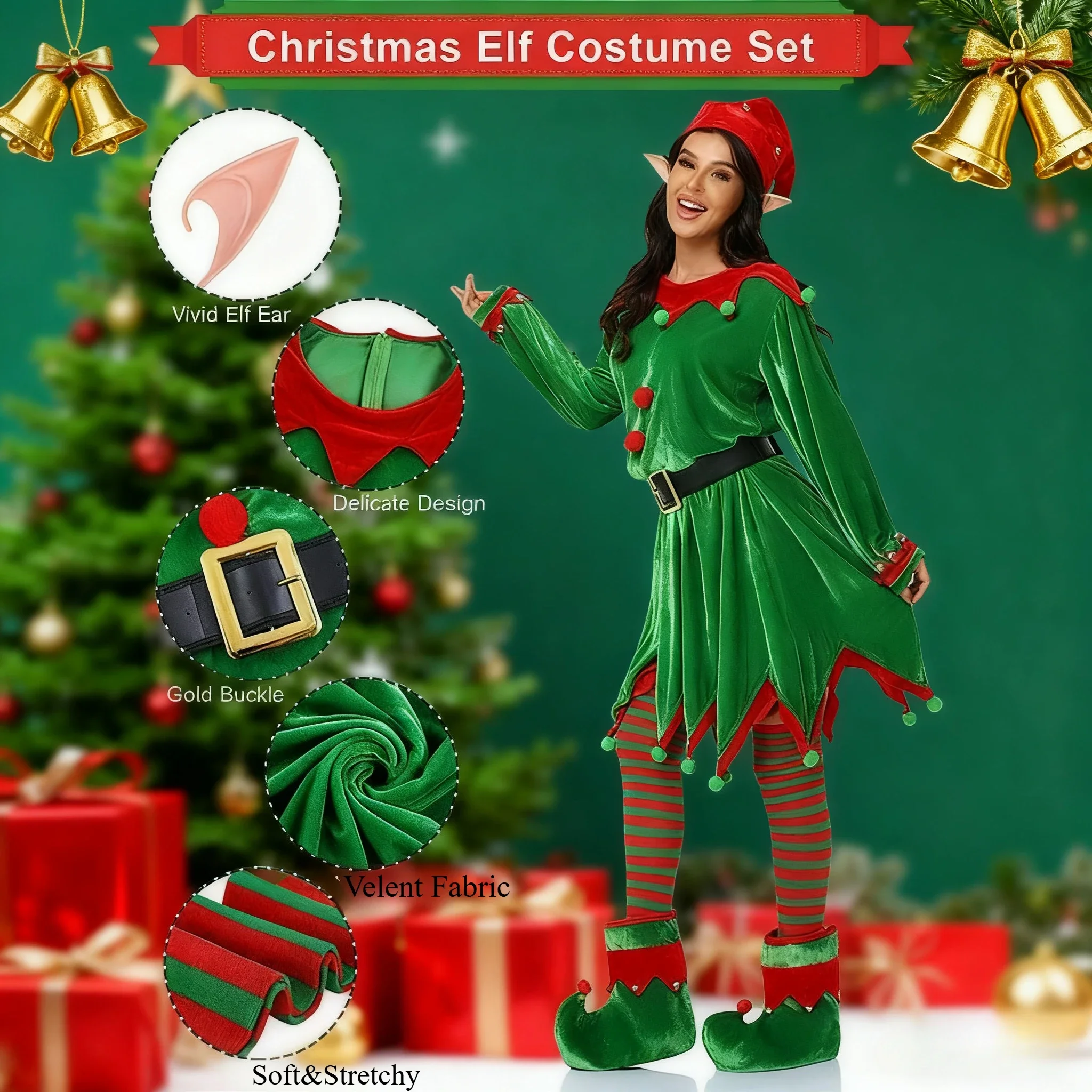

Women Girls Christmas Elf Costume Fit Hooded Dress Party Set Santa's Including Elf Hat Santa Dress Striped Stockings Shoes Belts