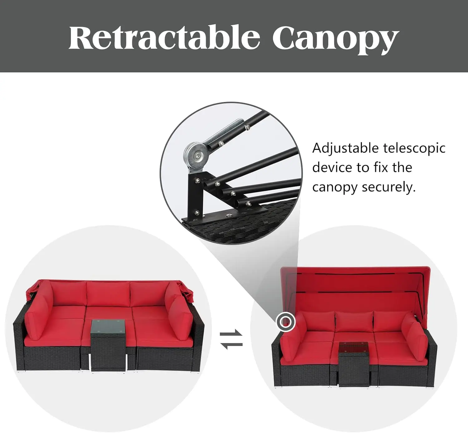 7 Pieces Patio Sets Daybed with Retractable Canopy,Rattan Sectional Sofa Set, Wicker Seating Chairs with Adjustable Backrest