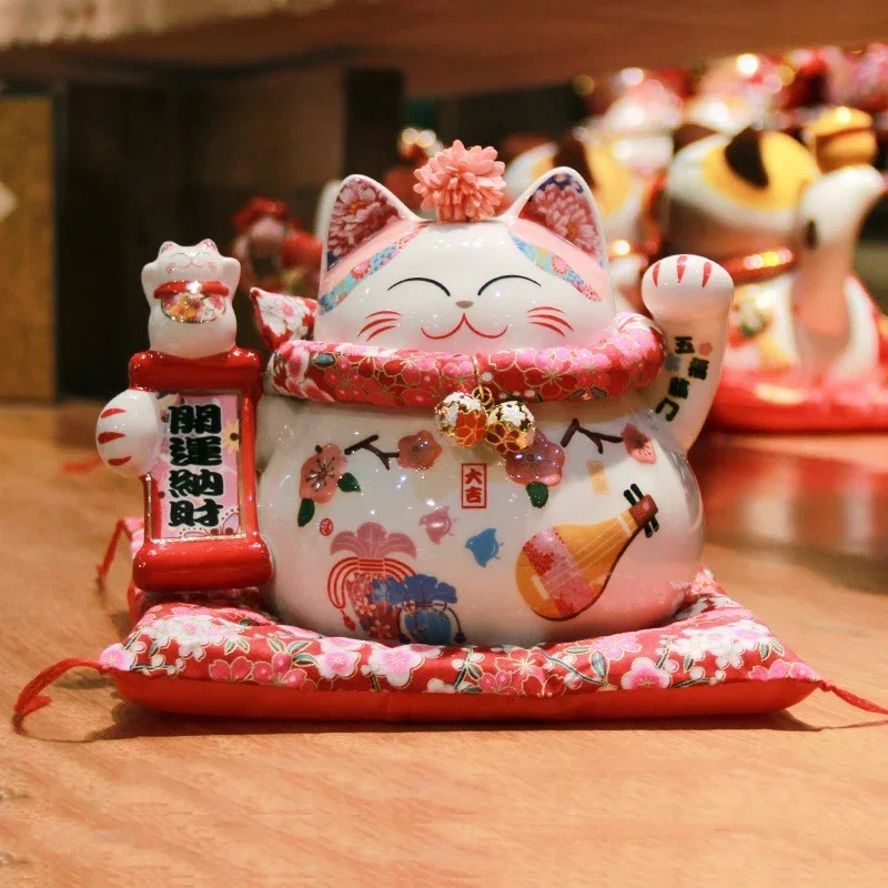 6 Inch Ceramic Lucky Cat Maneki Neko Fortune Cat Statue FengShui Ornaments Handicraft Money Box Home Decoration Business Gifts