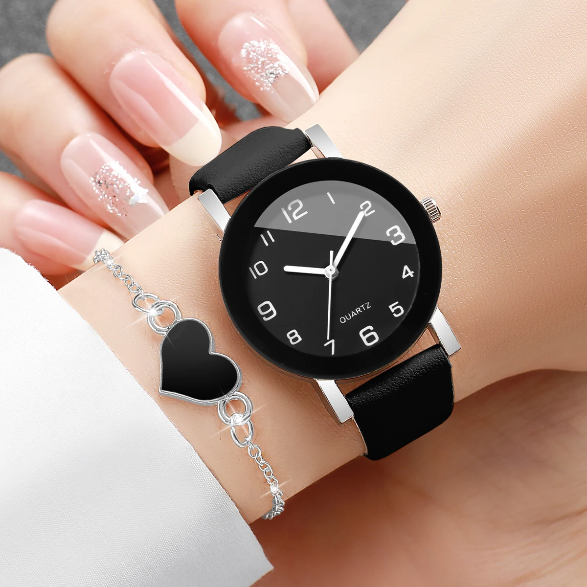 2/4PCS Fashion Arabic Dial Women Watches Bracelets Set Casual Leather Strap Wristwatch Reloj Mujer Girls Clock Gift(Without Box)