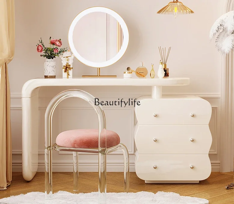 

LD33Cream Style Dresser Light Luxury Modern Bedroom Chest of Drawers Integrated Corner Solid Wood Makeup Table