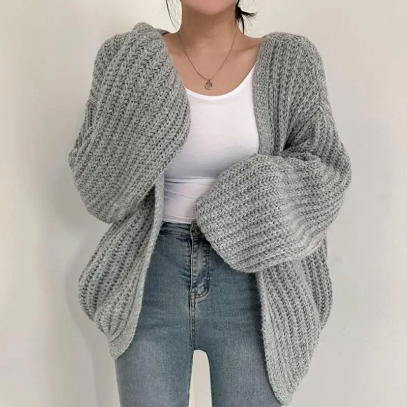 

Korean Ins Lazy Style Knit Cardigan - V-Neck Loose Solid Color Lantern Sleeve Coat, for Autumn Commuting, Casual Dating​