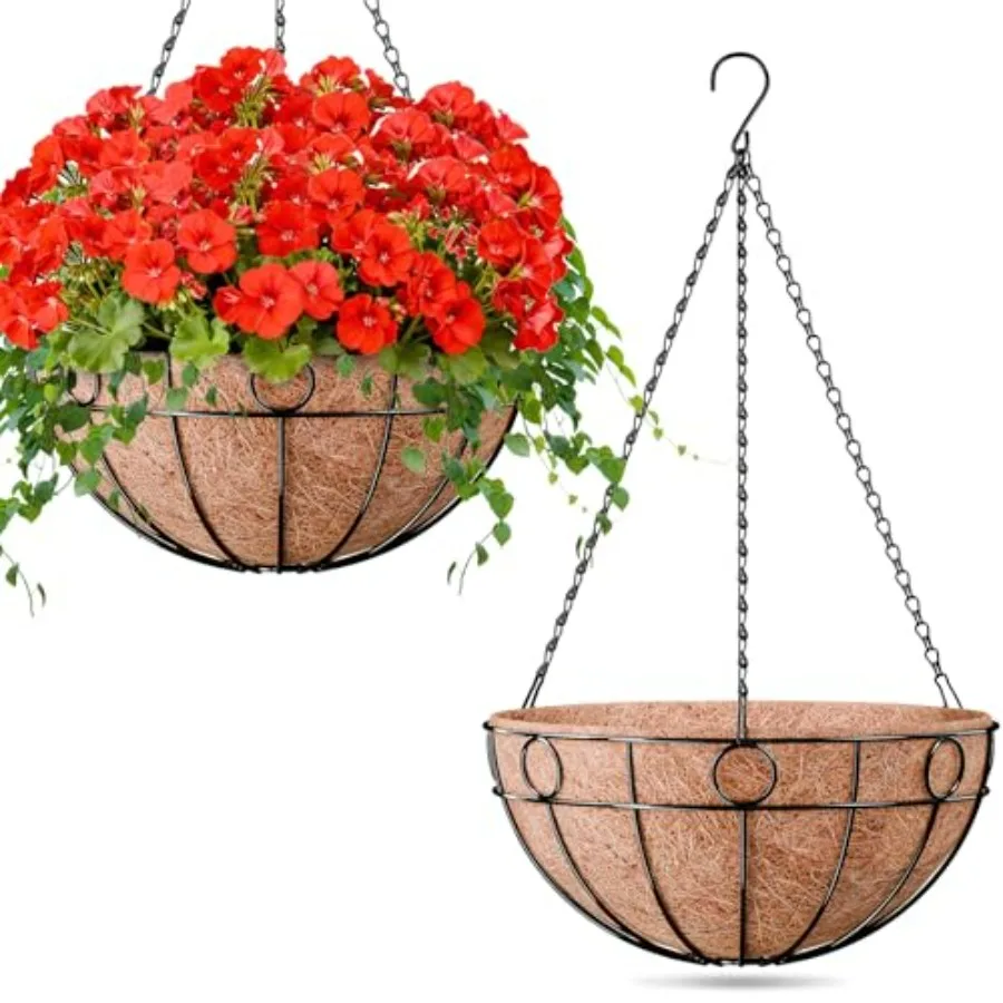 

Outdoor 16-inch hanging baskets for garden, yard, patio, porch, balconymetal wire with coco coir liner, black finish, rust-resi
