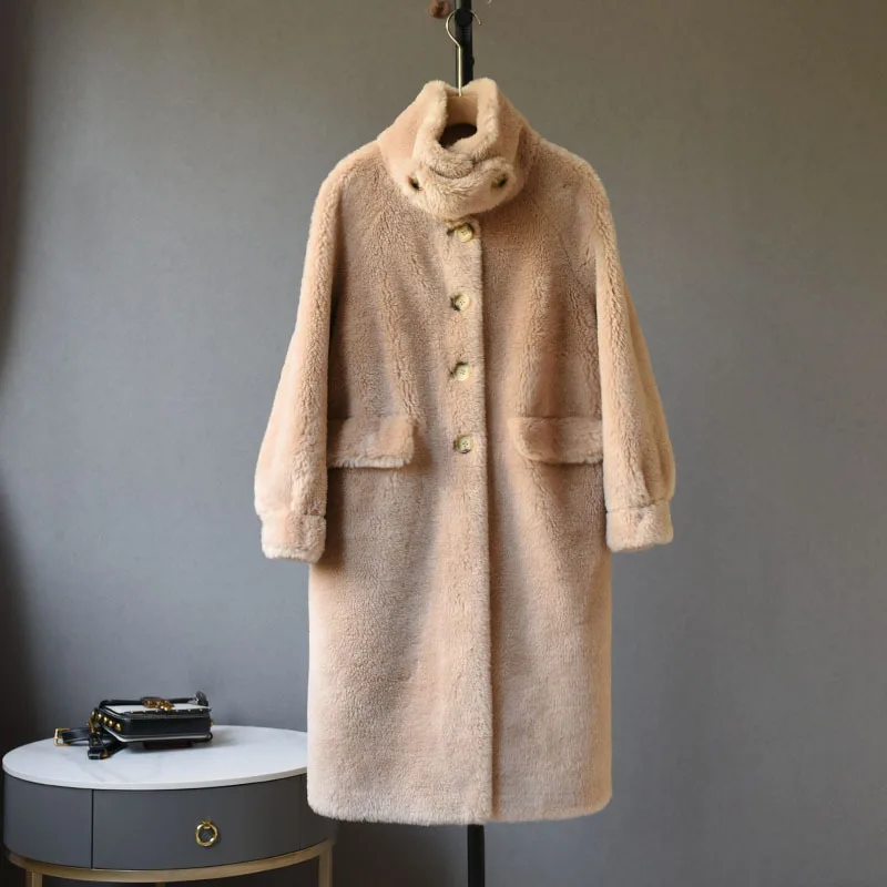 2022 Fashion Women Furry Long Coat Stand Collar Vintage Women Lambswool Coat Femme Women Thick Winter Coat Abrigo Streetwear