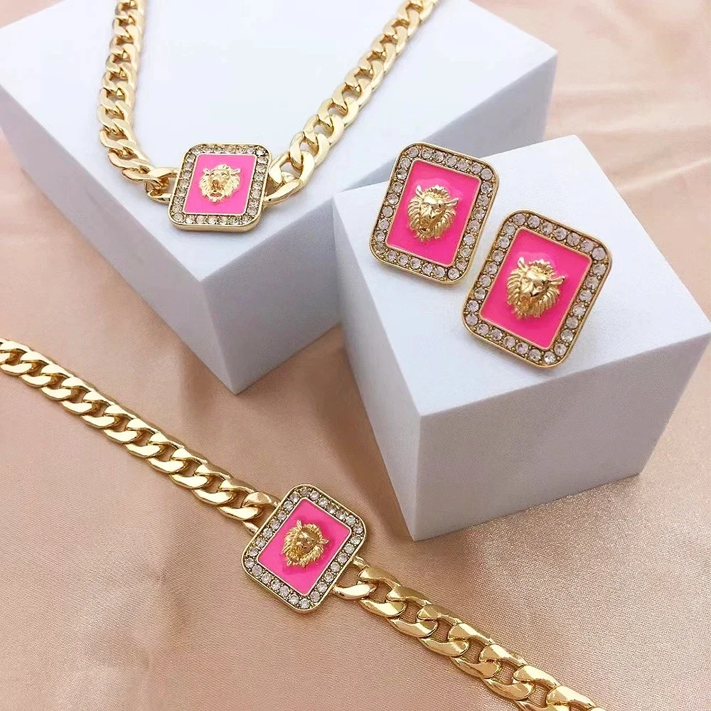 

Lion Head Pink Drop Oil Simple Sparkle Classic alloy necklace earrings set Ladies Holiday party punk romance