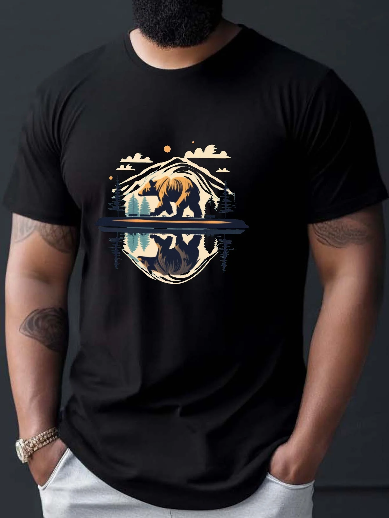 

Trendy Bear Graphic Print Men's Creative Top, Casual Short Sleeve Crew Neck T-shirt, Men's Clothing For Summer Outdoor