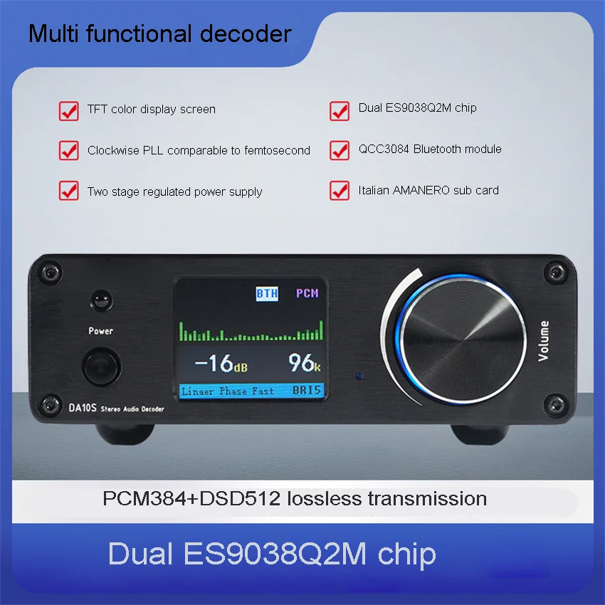 DA10S Dual ES9038 DSD512 Bluetooth 5.4 USB Decoder HIFI Fever DAC ES9038Q2M Dual Parallel DC12V/1A