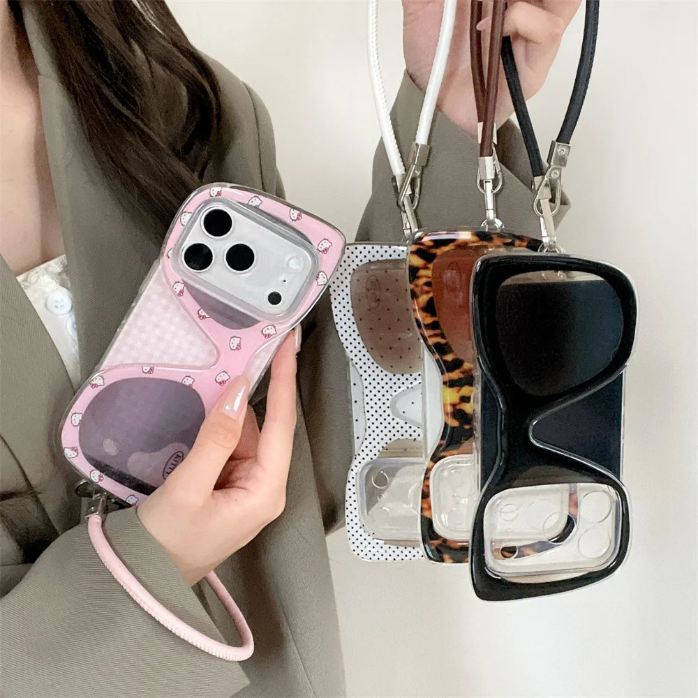 

Grid Hello Kitty 3D Glasses Phone Case Silicone Shockproof Cover for iPhone 17 Pro 16 15 Pro Max 16 Max Funda with Hand Rope Cov